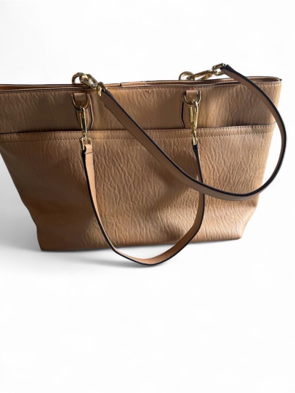 Calvin Klein Classic Tan Leather Tote Bag with Gold Hardware